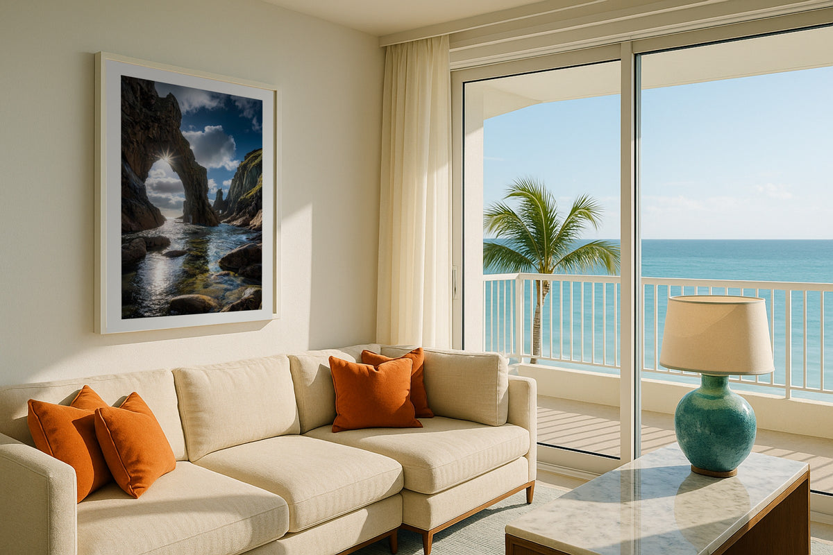 Wild Atlantic Arch wall art print, framed with a white border, in a palm beach balcony