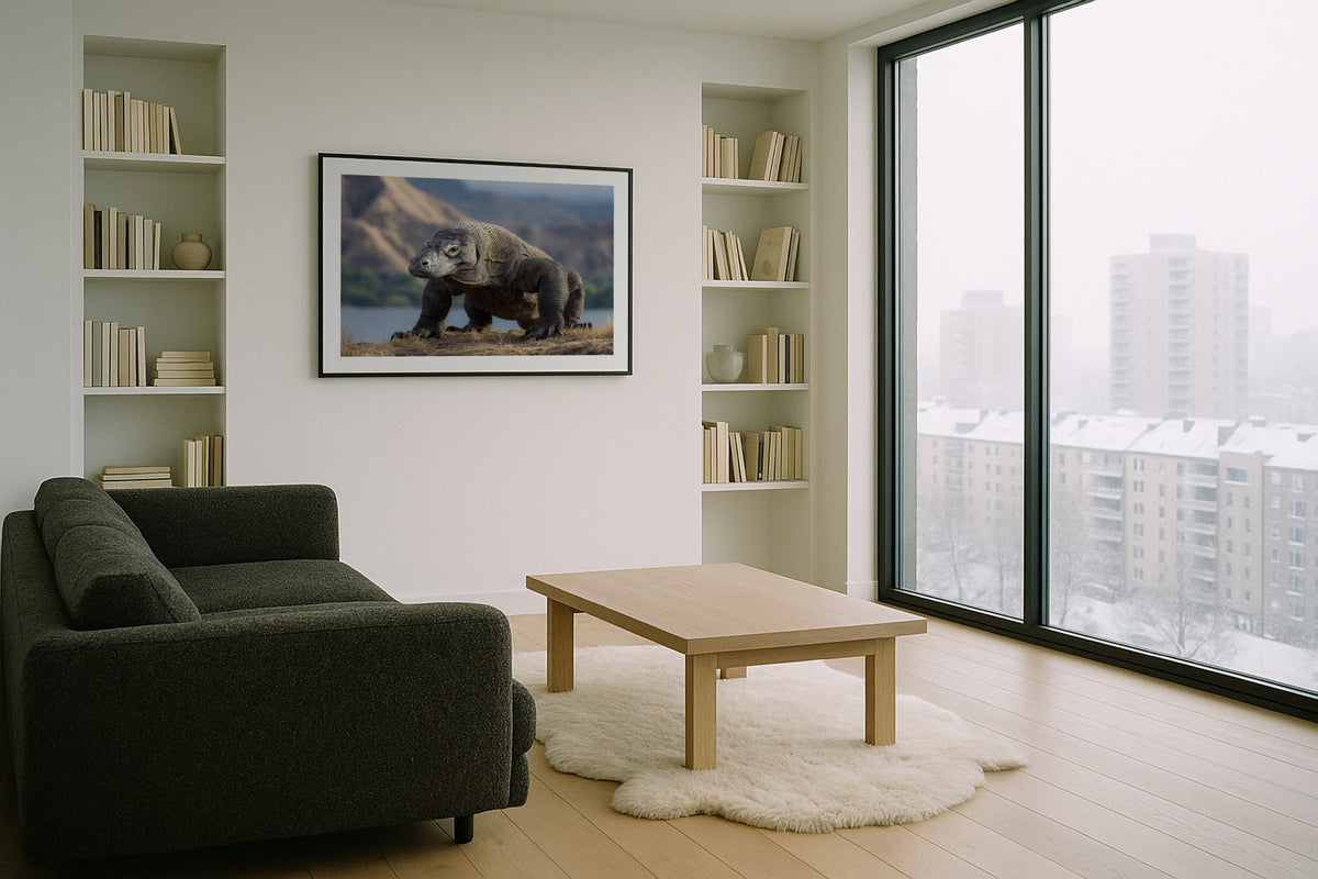 Island Titan wall art print, framed with a white border, in a kids bunk room