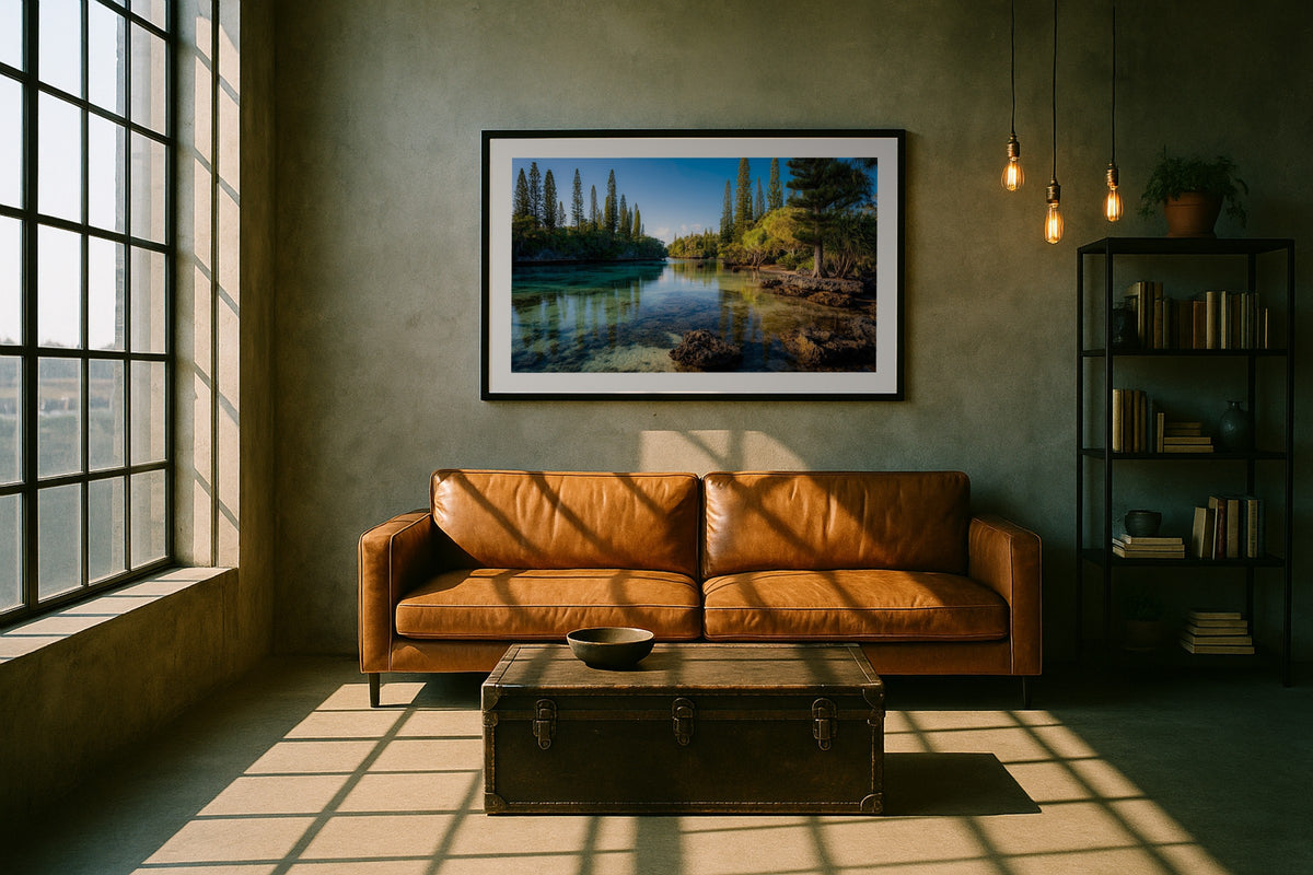 Isle of Pines wall art print, framed with a white border, in a window seat lamp