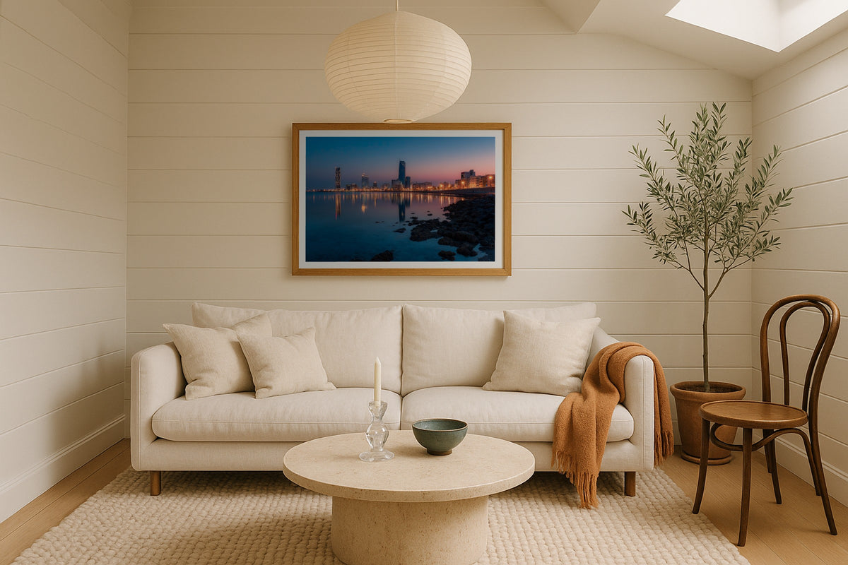 Jeddah Waterfront wall art print, framed with a white border, in a shiplap lantern