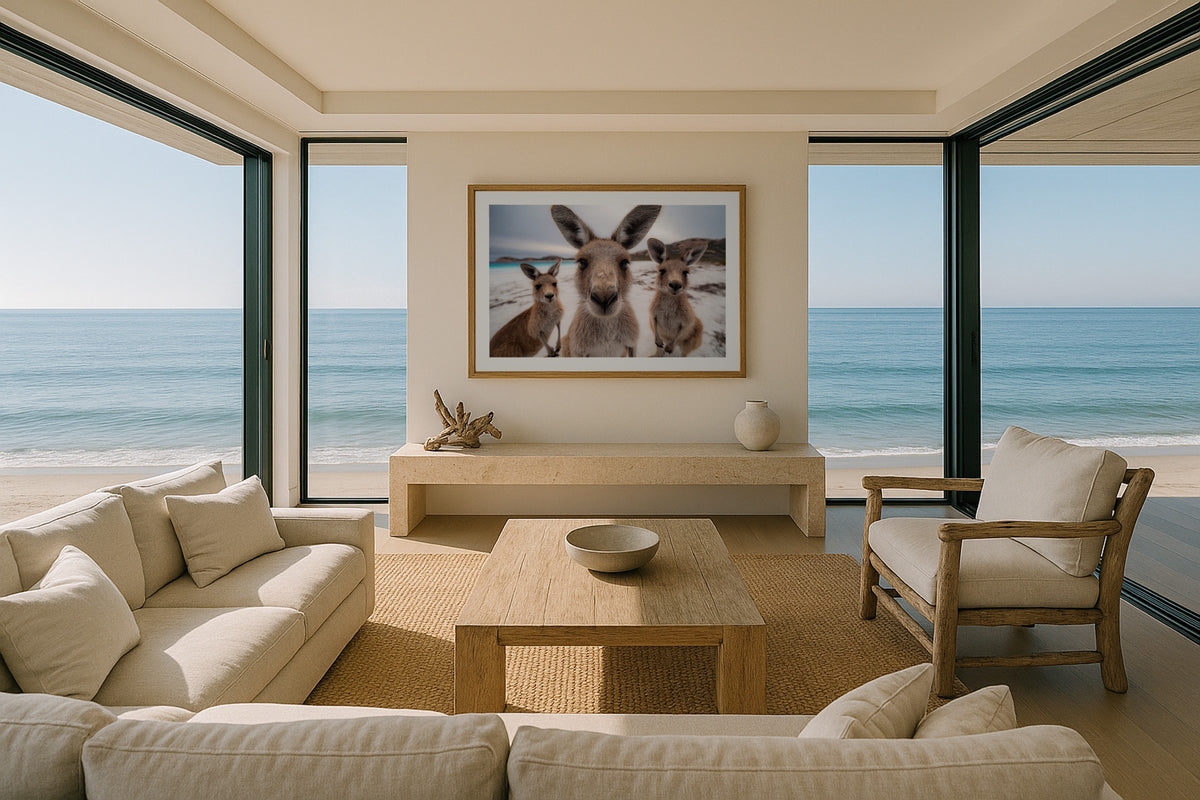 Kangaroo on the Beach wall art print, framed with a white border, in a beach house panorama