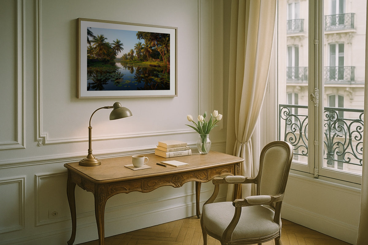 Kerala Palm Reflections wall art print, framed with a white border, in a Paris balcony desk