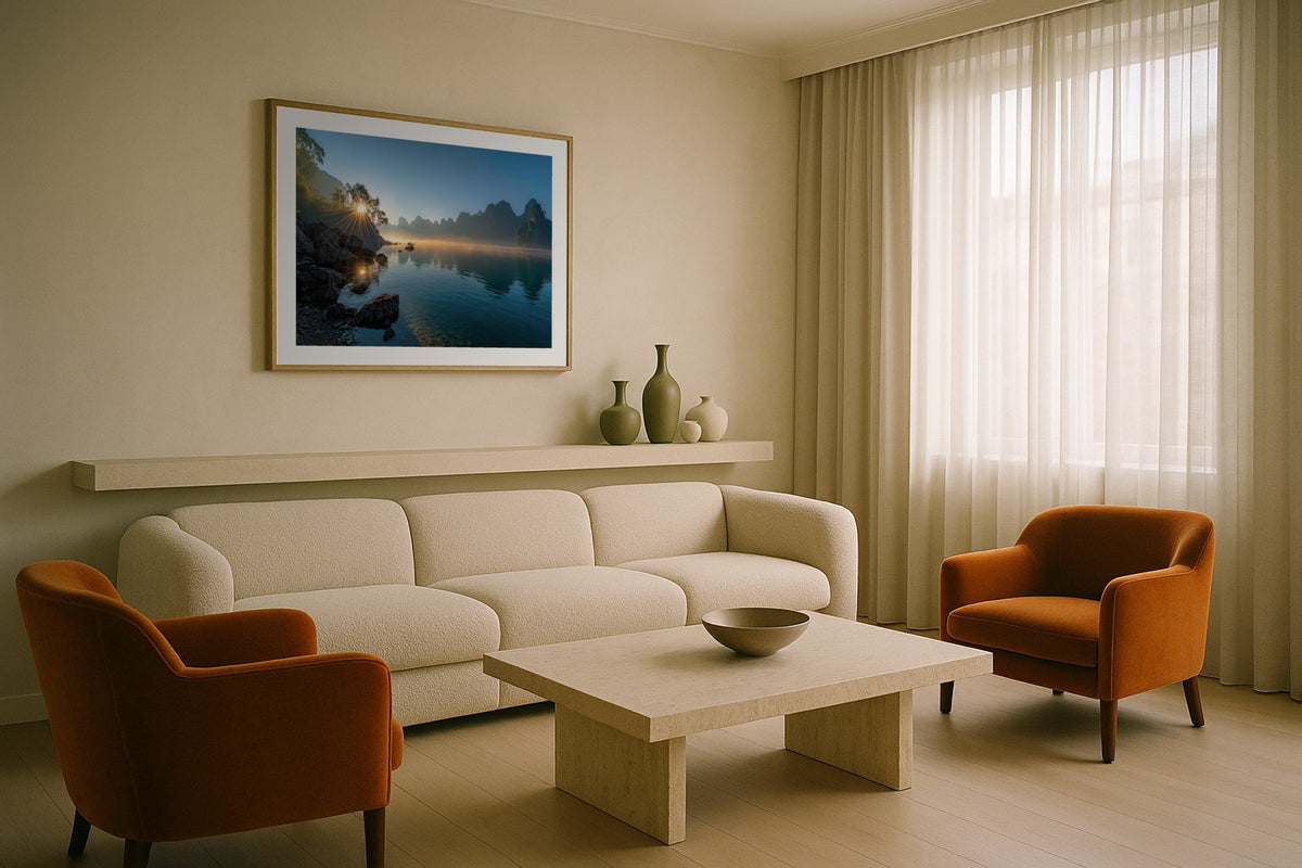Khao Sok Lake wall art print, framed with a white border, in a Alpine chalet green sofa
