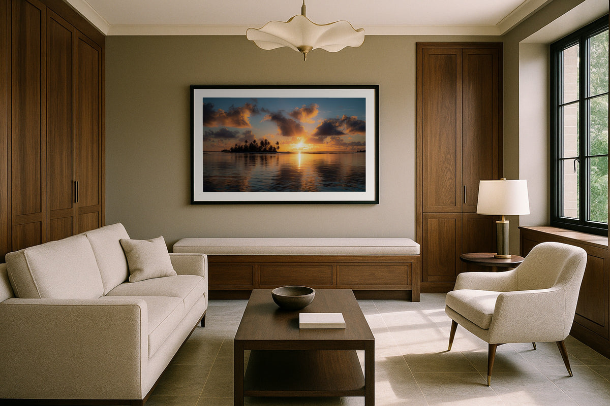 Kiribati at Sunset wall art print, framed with a white border, in a leaning fireplace sea view