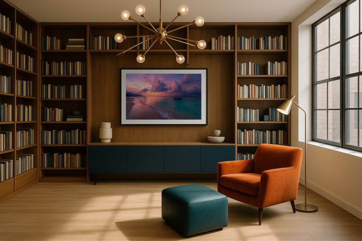 Koh Lipe at Sunset wall art print, framed with a white border, in a dune beach arched window
