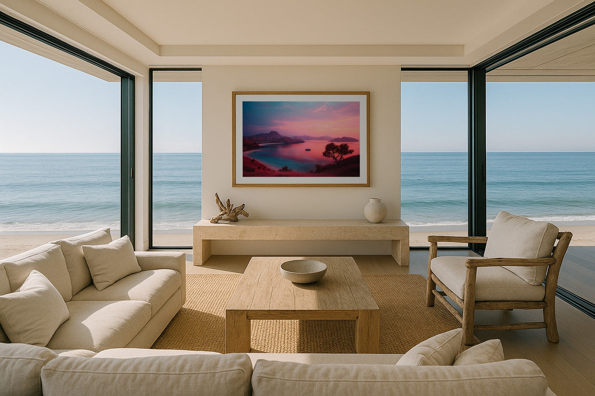 Komodo Pink Beach wall art print, framed with a white border, in a beach house panorama