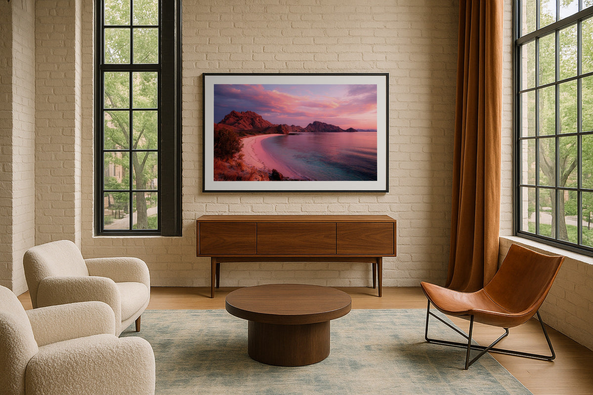 Komodo Bay at Sunset wall art print, framed with a white border, in a Santorini domes