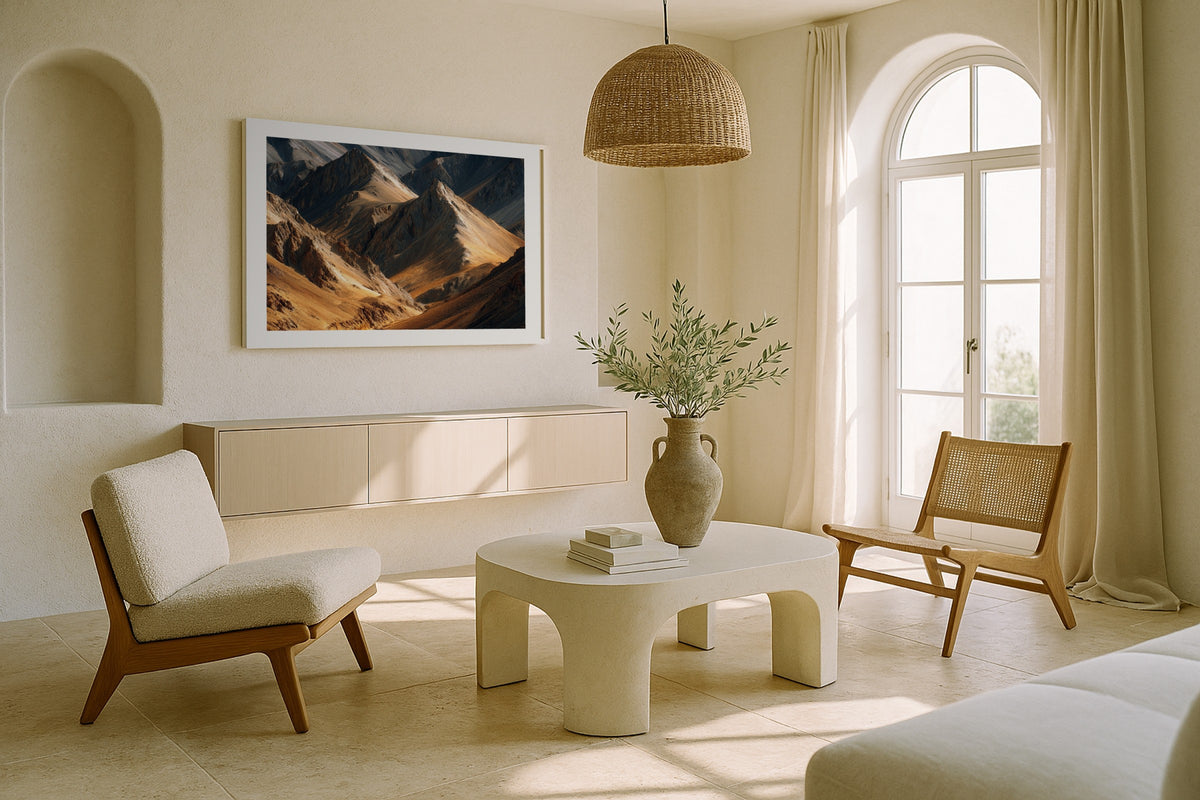 Ladakh Himalayas wall art print, framed with a white border, in a sunlit cream lounge