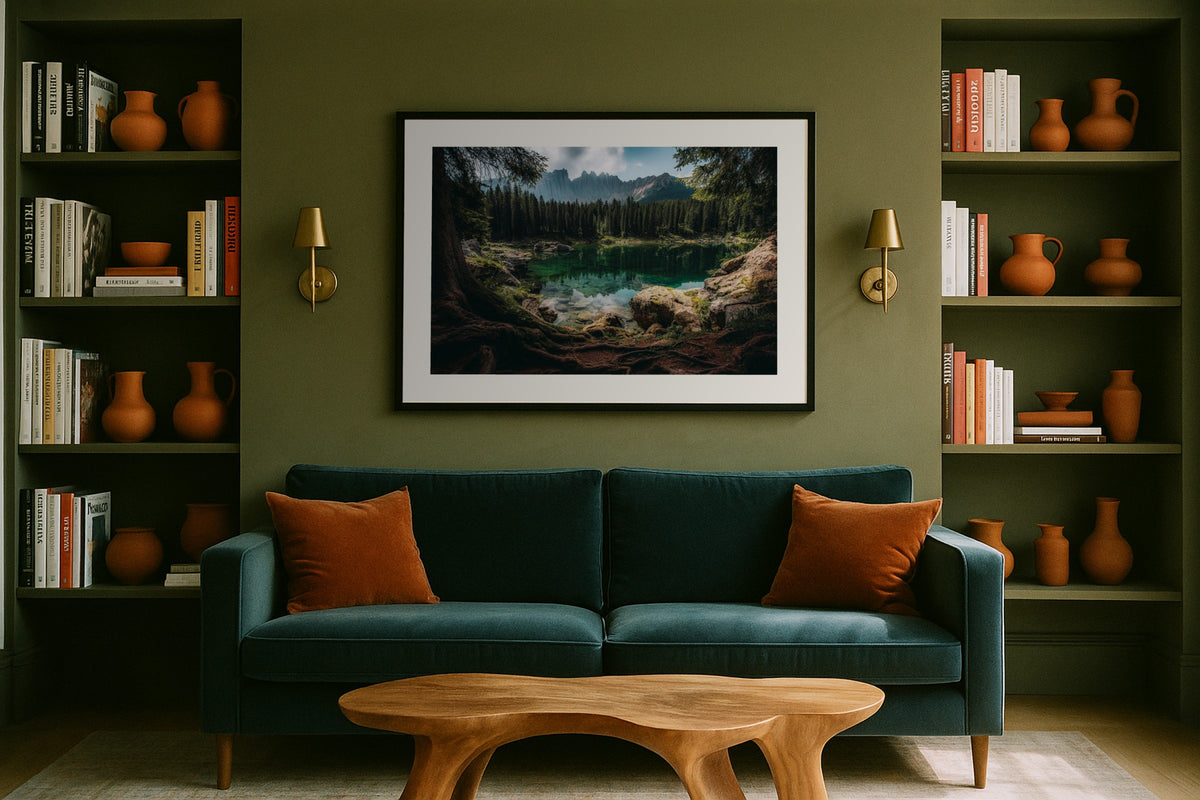 Lago di Carezza II wall art print, framed with a white border, in a olive wall sconces bookshelves