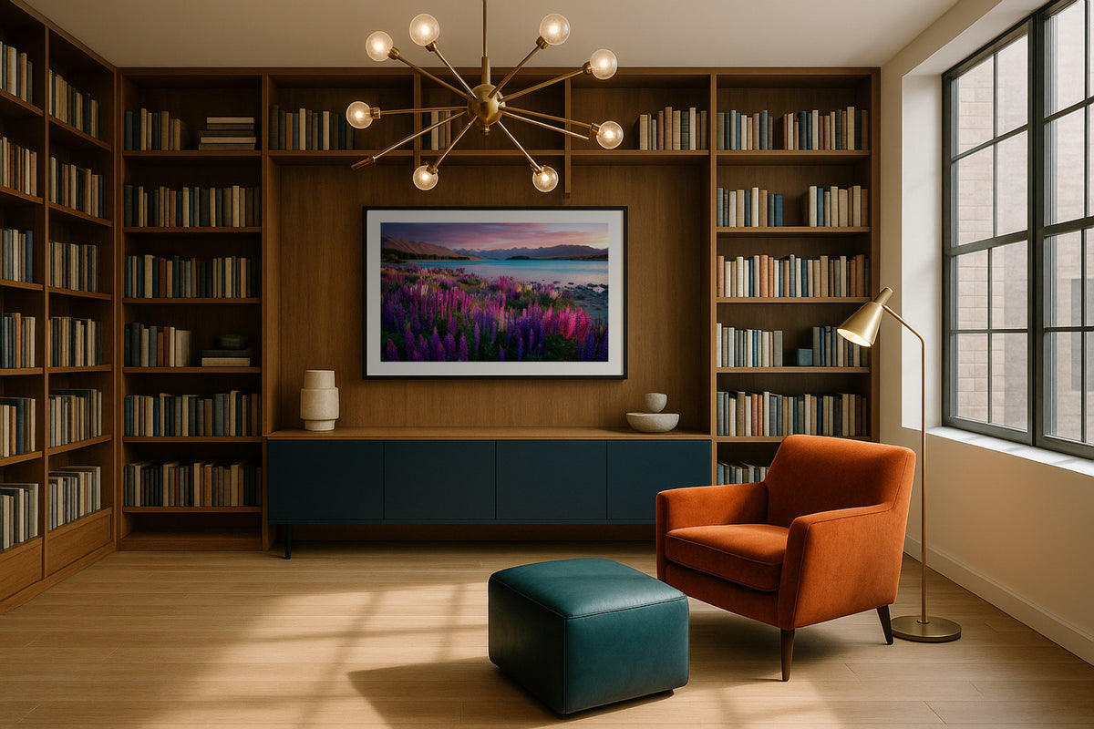Tekapo Lupins II wall art print, framed with a white border, in a bench round mirror