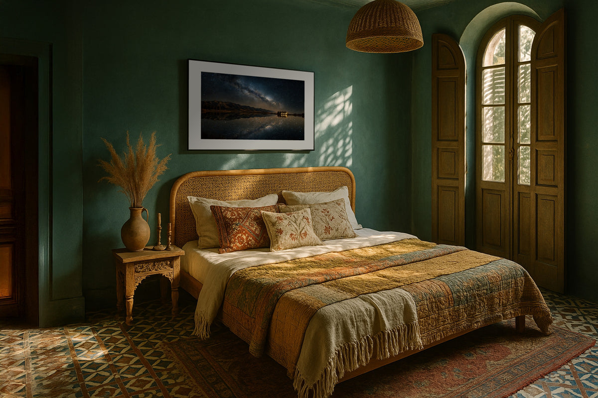 Tekapo Night Sky wall art print, framed with a white border, in a teal Moroccan bedroom
