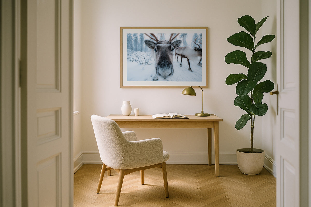 Lapland Reindeer wall art print, framed with a white border, in a white desk fiddle fig