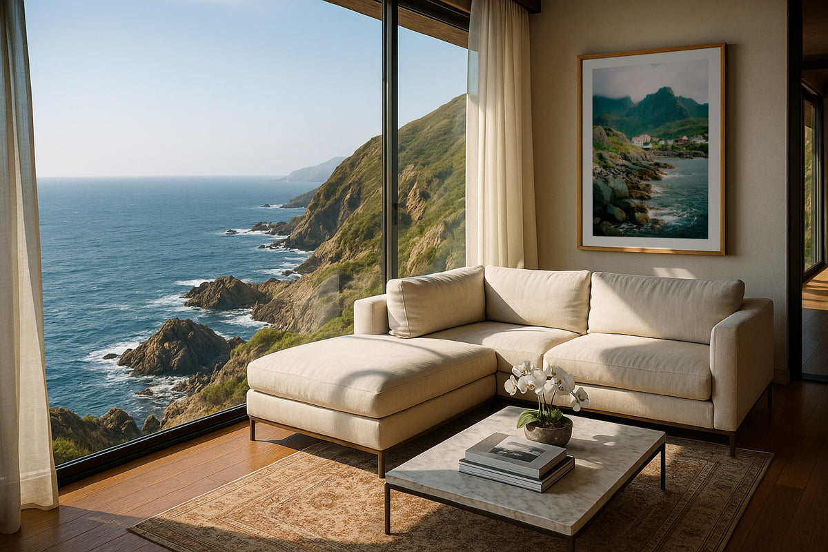 Lofoten Fishing Village wall art print, framed with a white border, in a cliff coast sectional