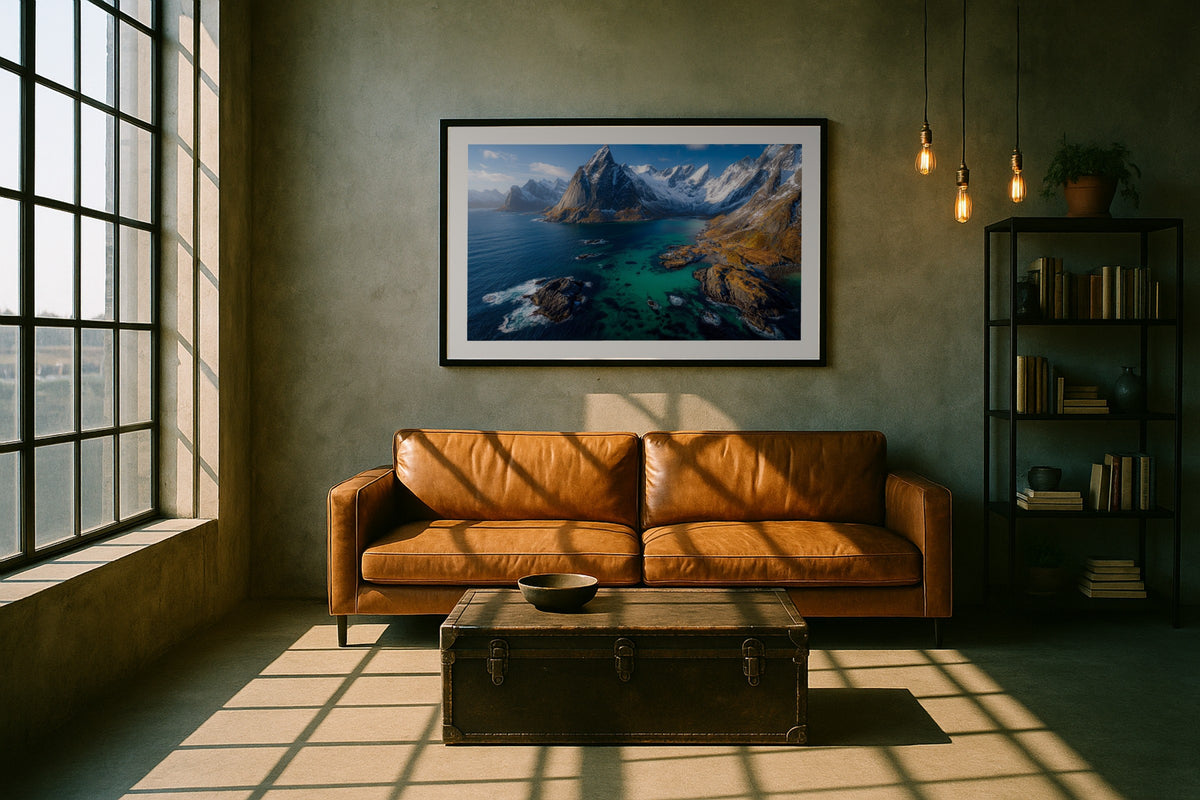 Lofoten Islands wall art print, framed with a white border, in a Santorini domes