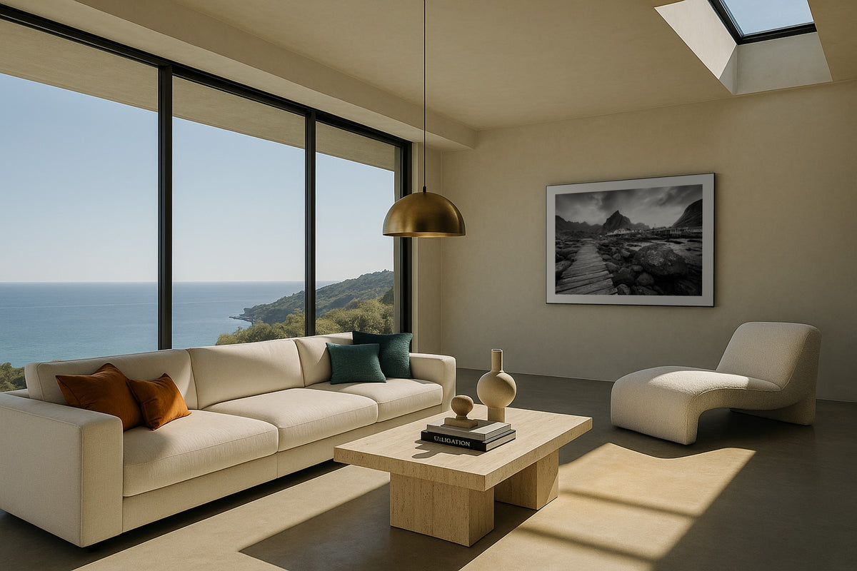 Lofoten Mountains wall art print, framed with a white border, in a Alpine chalet green sofa
