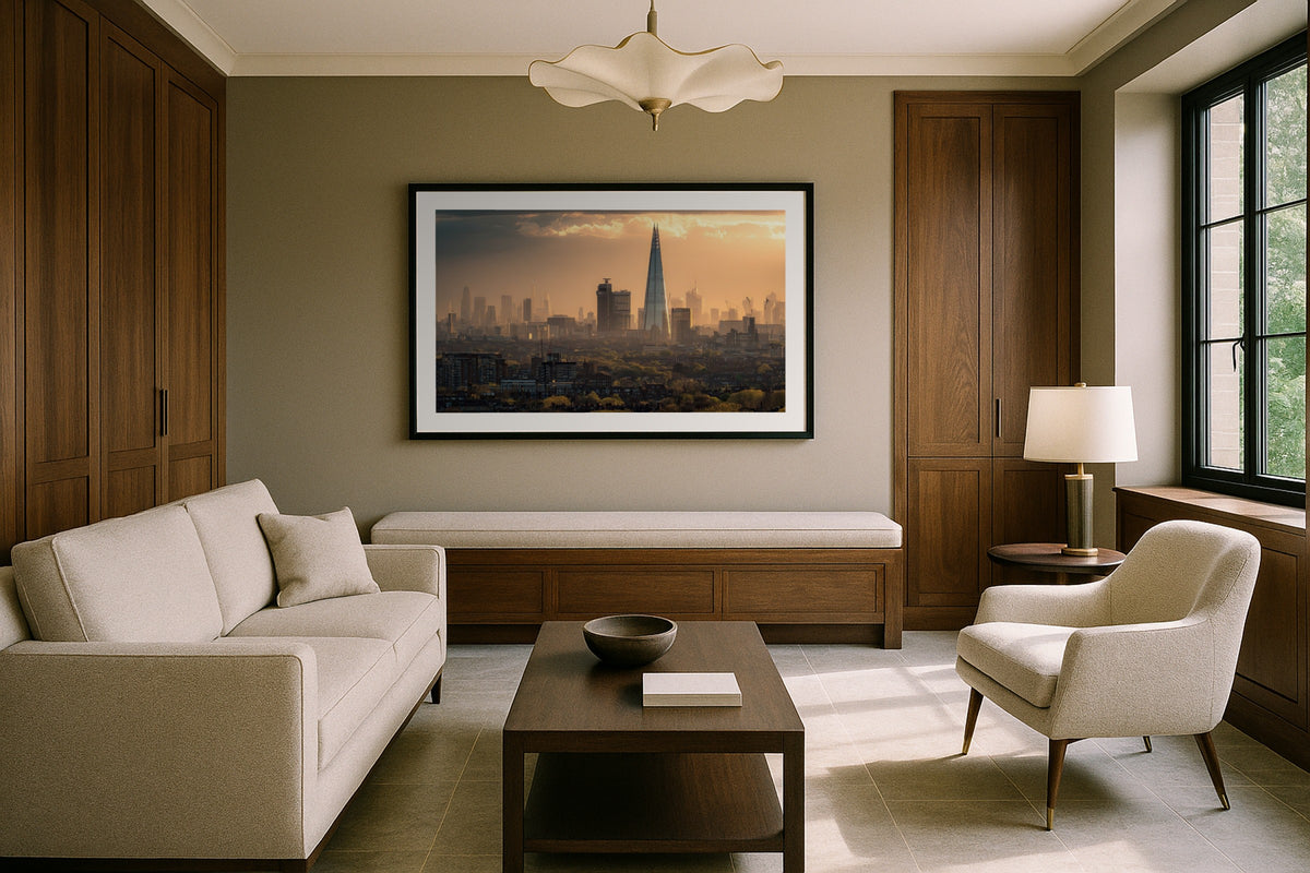 The Shard at Golden Hour wall art print, framed with a white border, in a bench round mirror