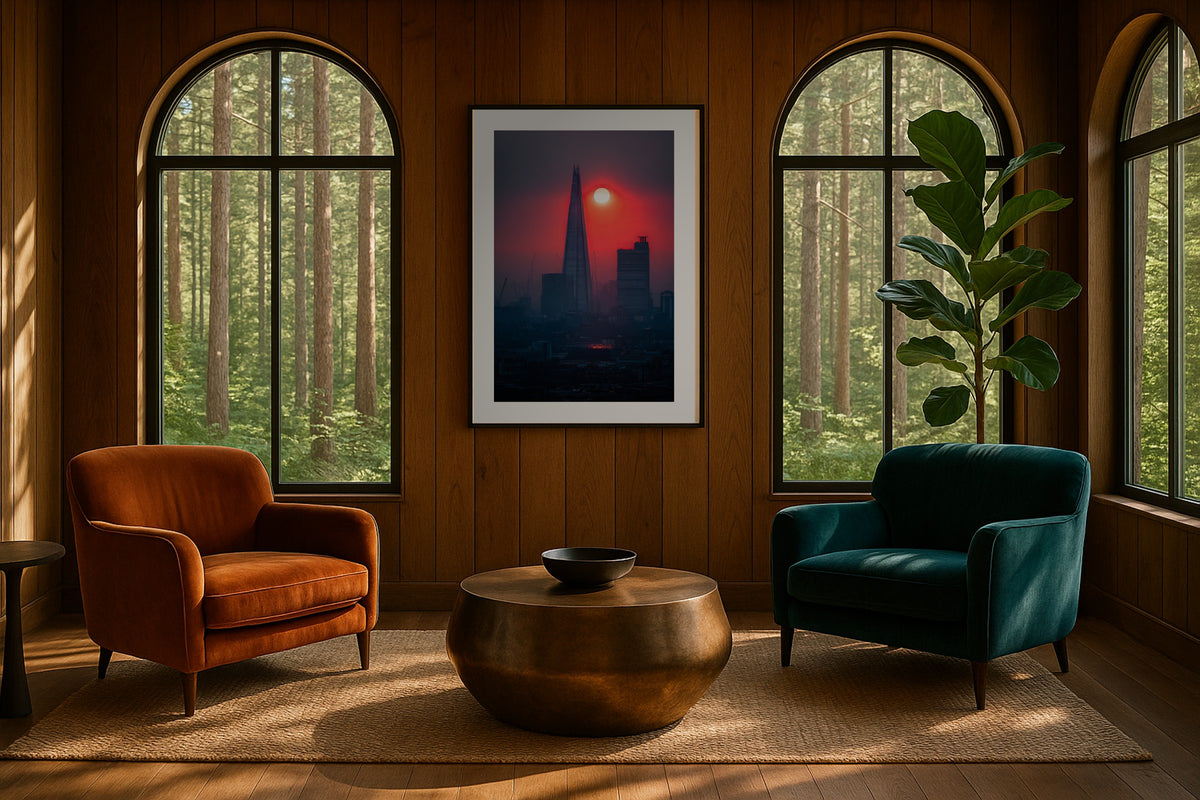 Blood Moon over London wall art print, framed with a white border, in a dark city view bedroom
