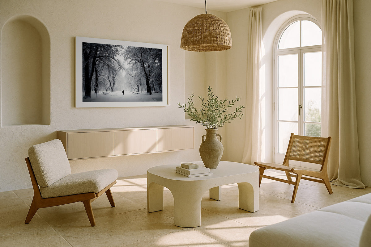 Figure in Winter Park wall art print, framed with a white border, in a sunlit cream lounge