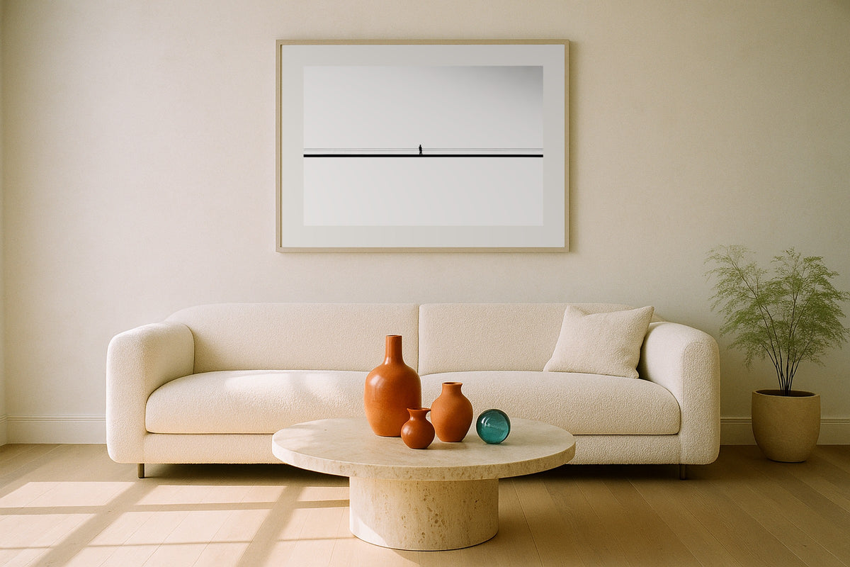 Figure on the Bridge II wall art print, framed with a white border, in a Paris white bedroom