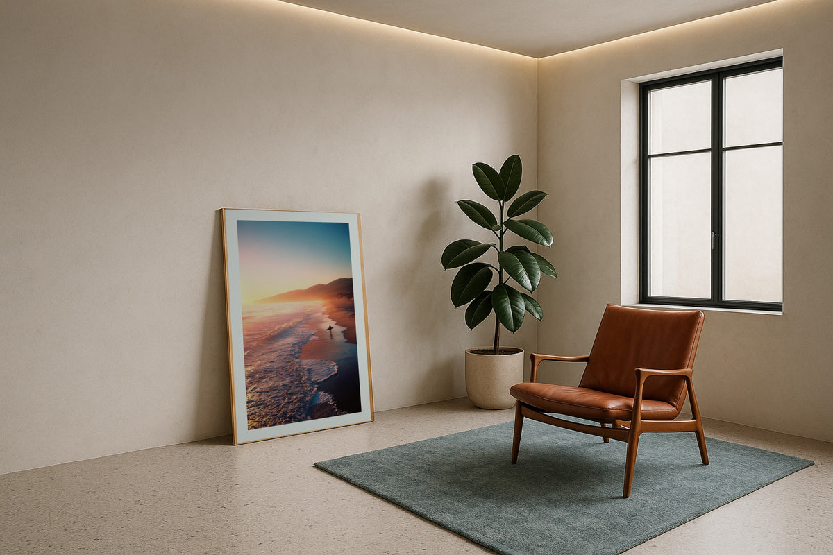 Malibu at Golden Hour wall art print, framed with a white border, in a dune beach arched window