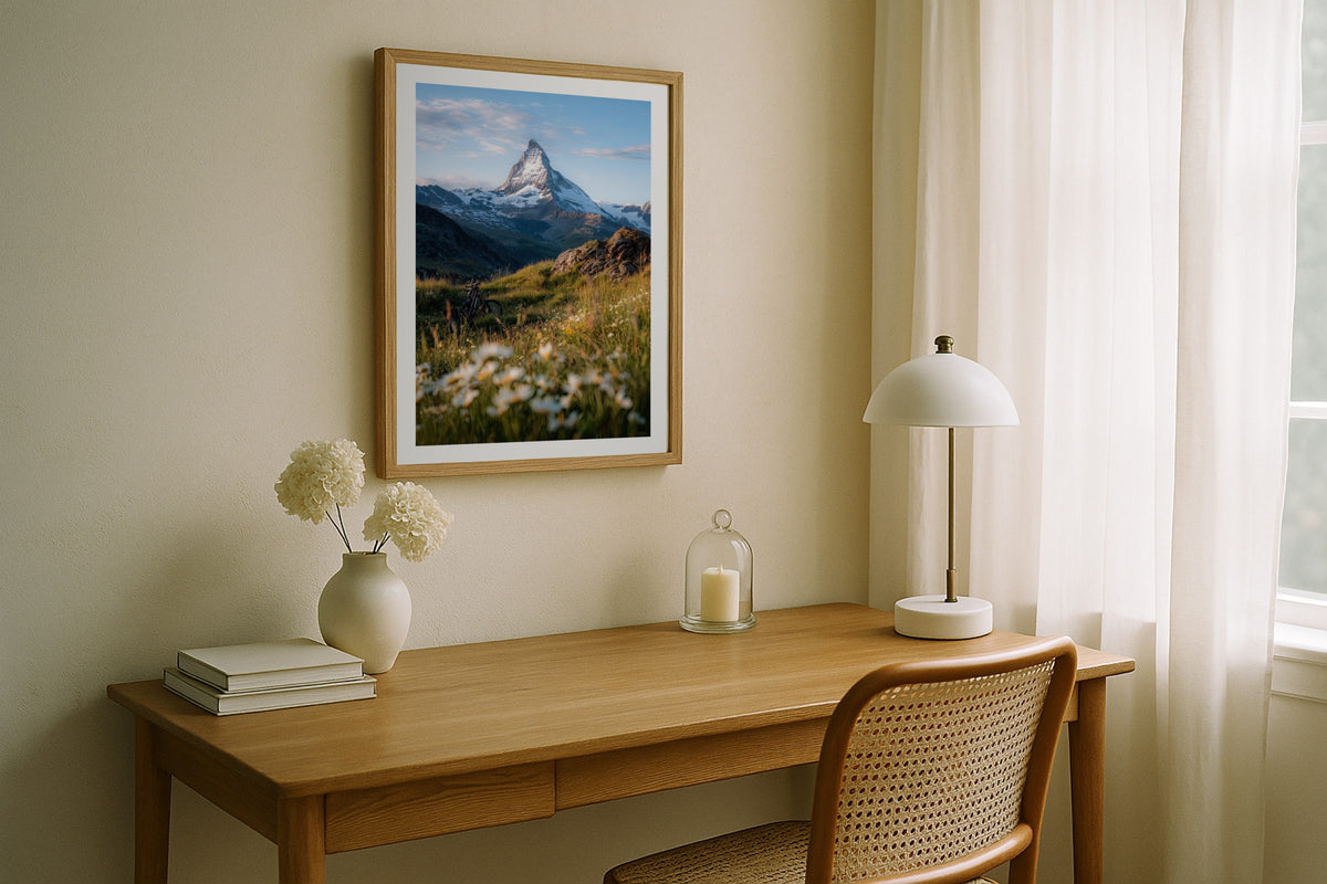 Matterhorn Wildflowers II wall art print, framed with a white border, in a white desk rattan chair