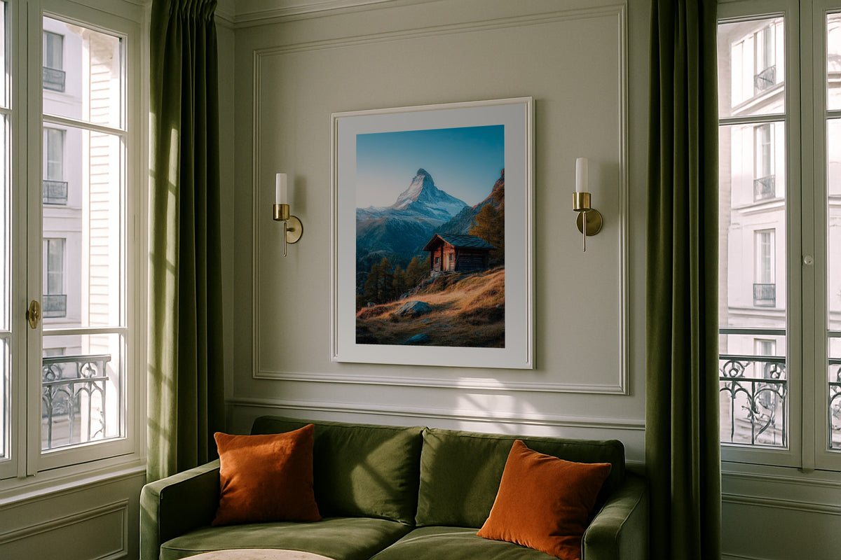 Matterhorn Cabin wall art print, framed with a white border, in a terrazzo floor magazine