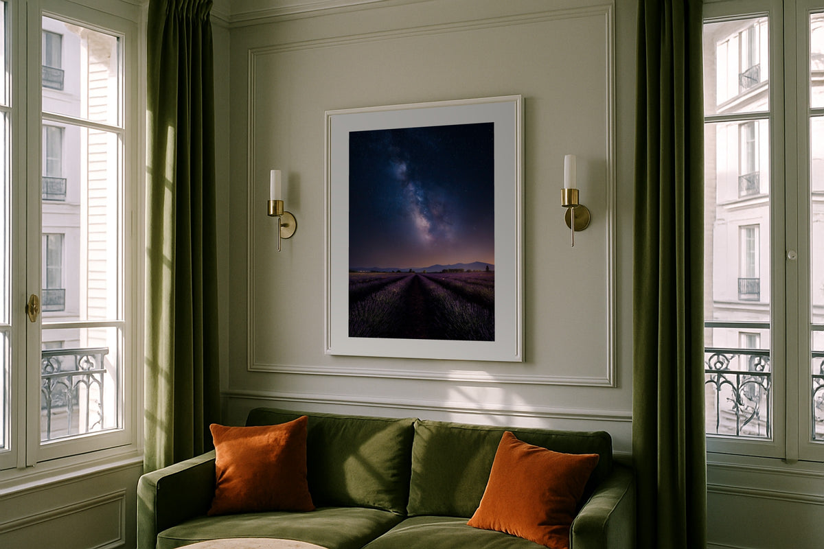 Lavender at Night wall art print, framed with a white border, in a Paris green sofa sconces