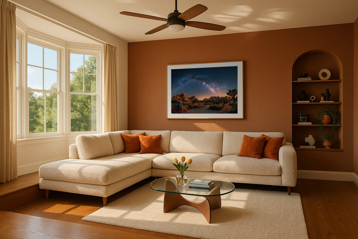 Milky Way over Joshua Tree wall art print, framed with a white border, in a terracotta wall sectional