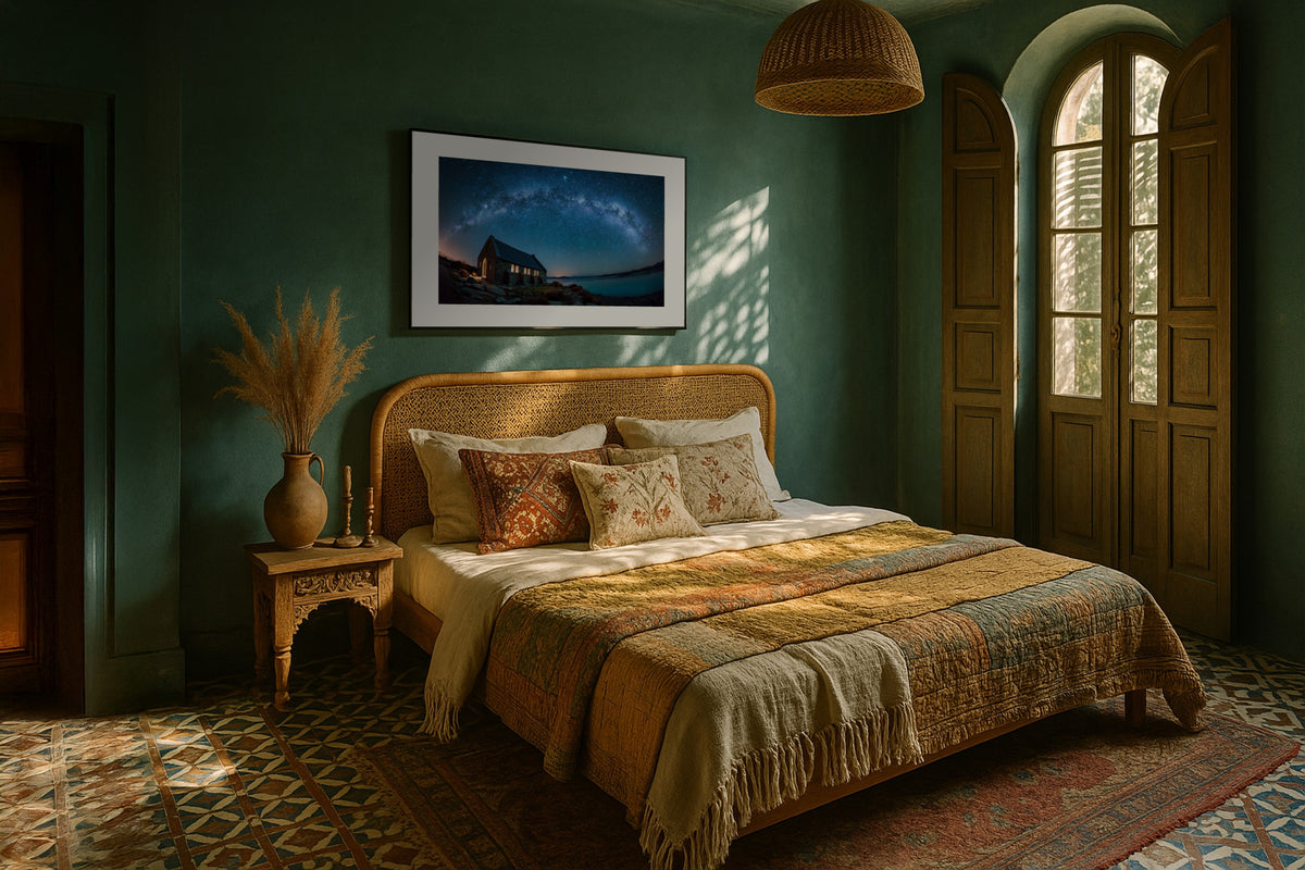 Mountain Church at Night wall art print, framed with a white border, in a teal Moroccan bedroom