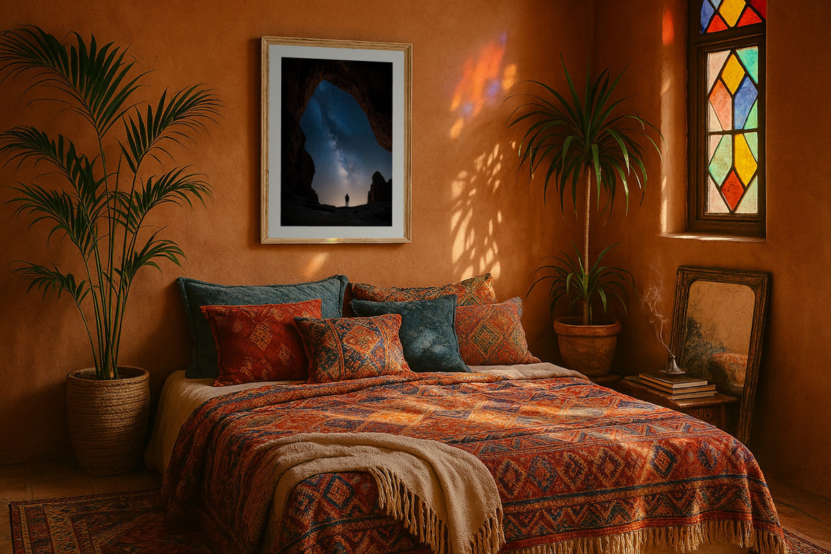 Stargazer at the Arch wall art print, framed with a white border, in a terracotta stained glass bedroom