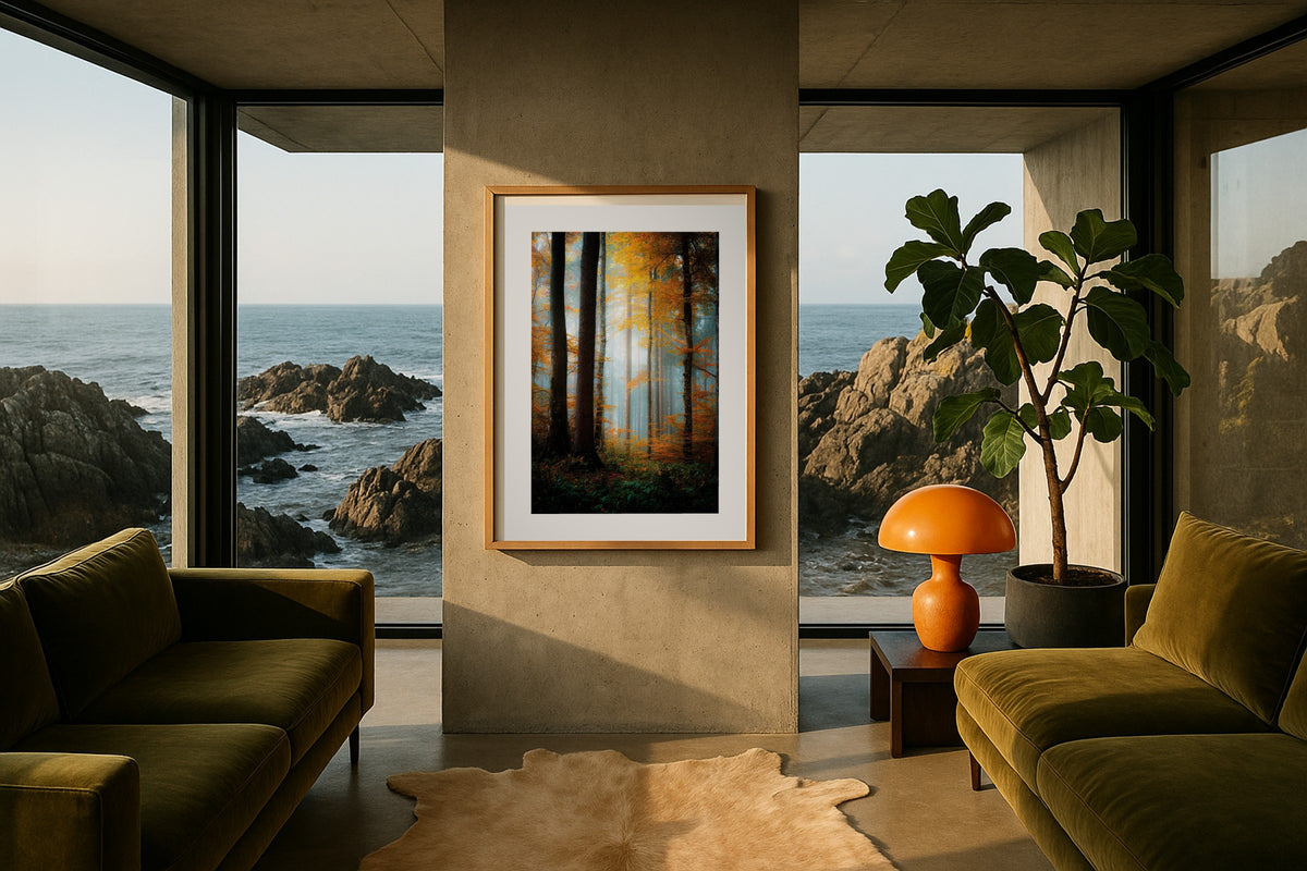 Misty Autumn Forest wall art print, framed with a white border, in a leaning spiral stair