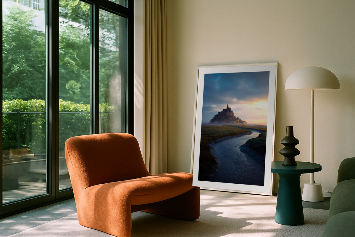 Mont Saint-Michel in Mist wall art print, framed with a white border, in a dark city view bedroom