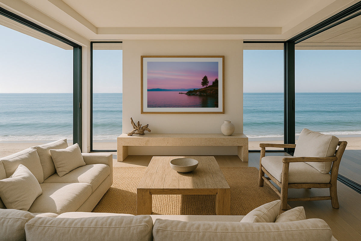 Flathead Lake at Sunset wall art print, framed with a white border, in a beach house panorama