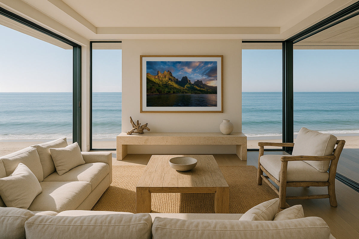 Moorea Peaks wall art print, framed with a white border, in a beach house panorama