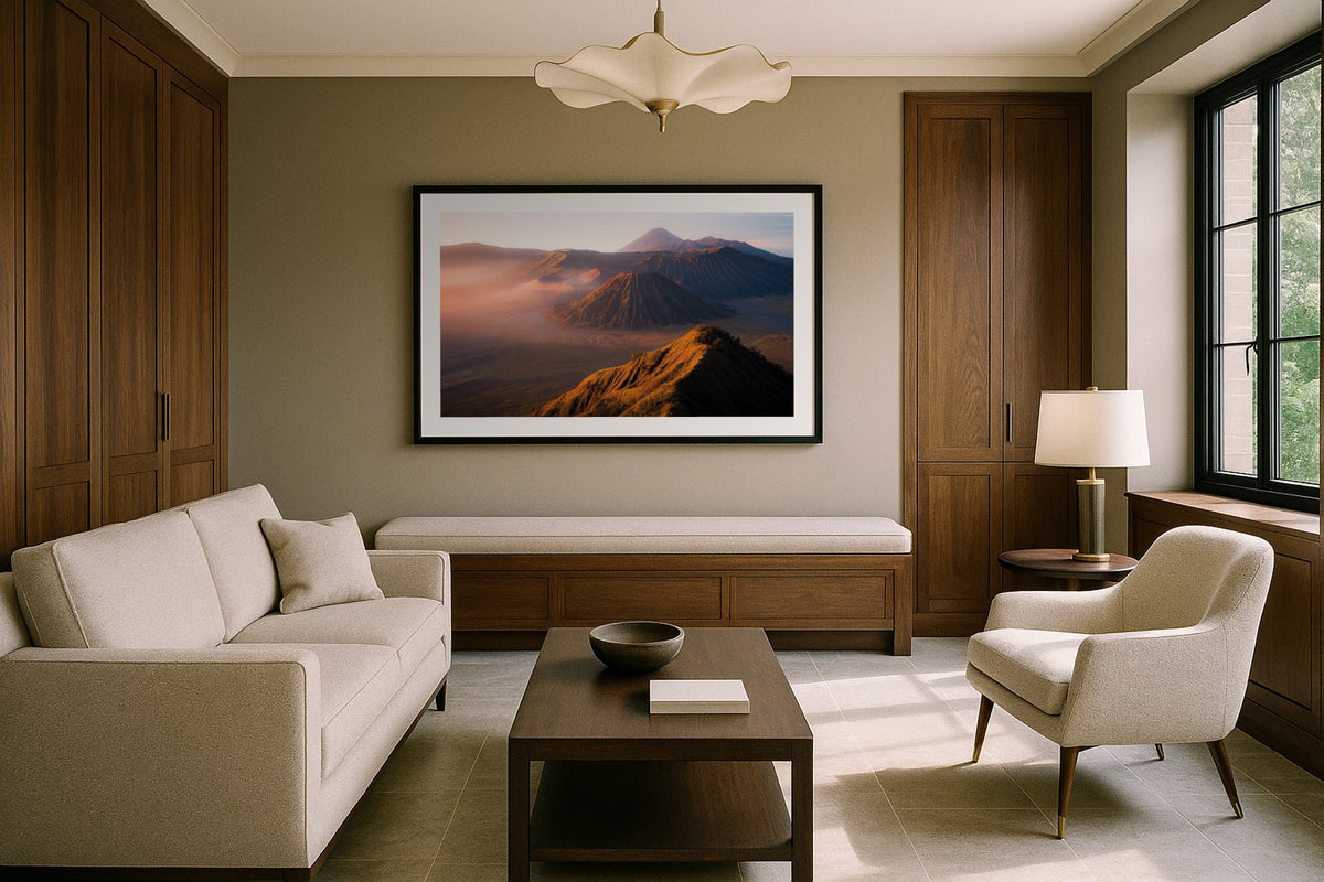 Mount Bromo at Sunrise wall art print, framed with a white border, in a hotel bedroom wide