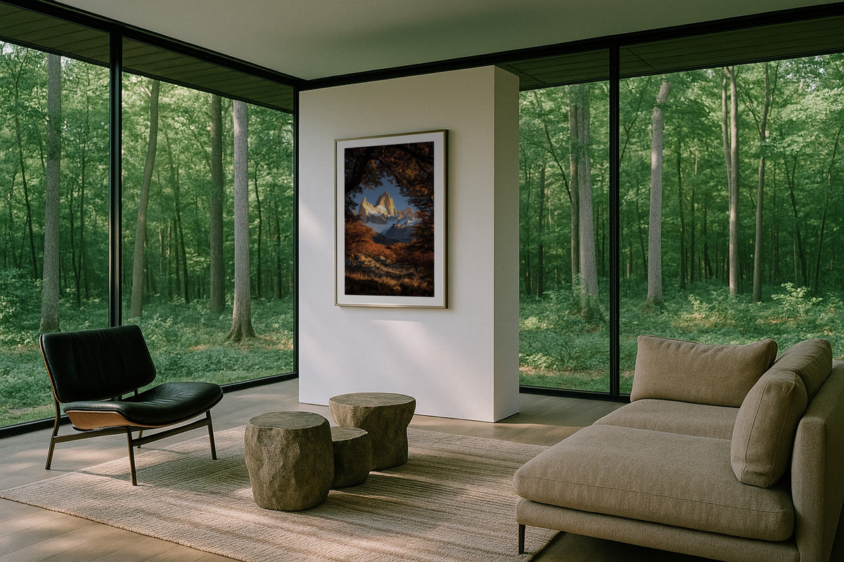 Fitz Roy Autumn Canopy wall art print, framed with a white border, in a forest glass house
