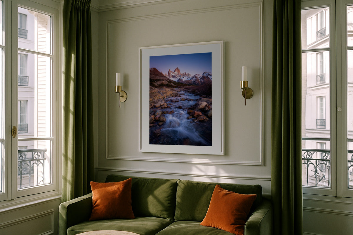 Glacial River, Fitz Roy wall art print, framed with a white border, in a Paris green sofa sconces