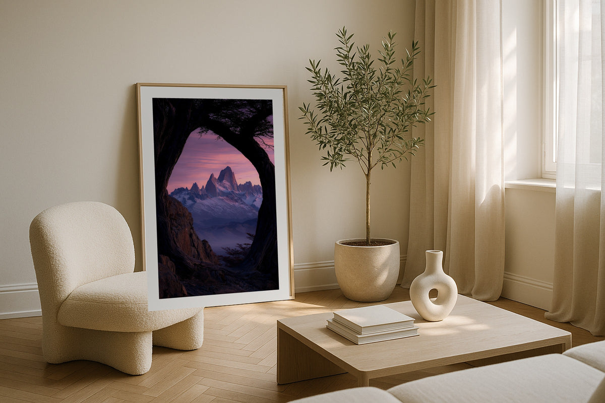 Fitz Roy in Rose wall art print, framed with a white border, in a leaning spiral stair