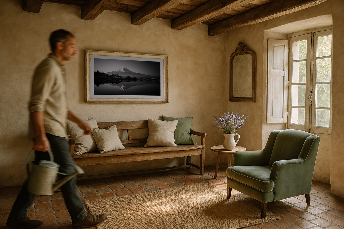 Mount Fuji wall art print, framed with a white border, in a Alpine chalet green sofa