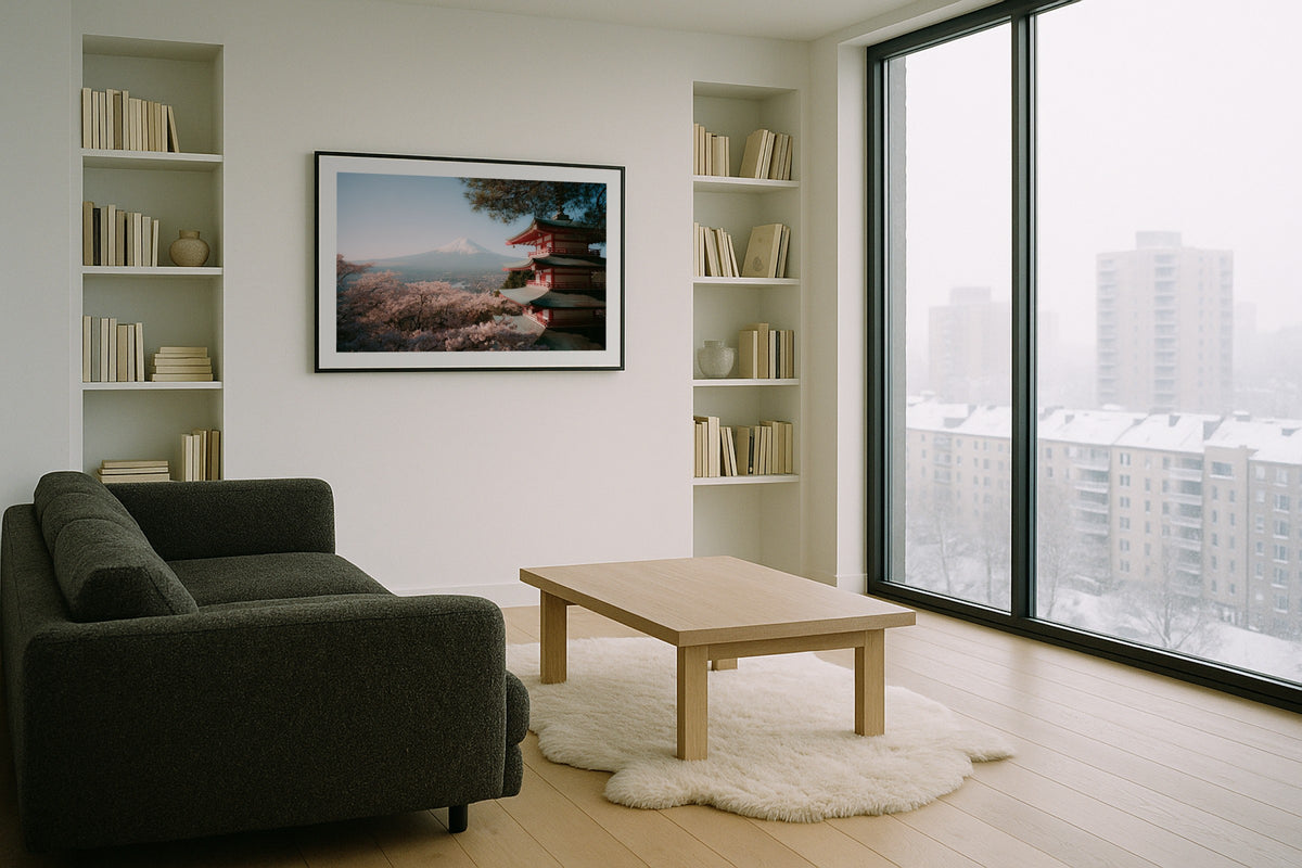 Chureito Pagoda wall art print, framed with a white border, in a japandi tatami low table
