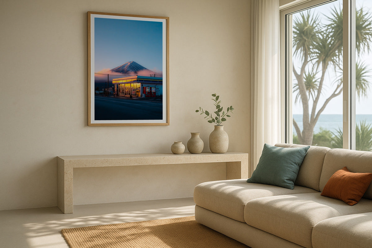 Mount Fuji Convenience Store wall art print, framed with a white border, in a NYC Empire State bedroom