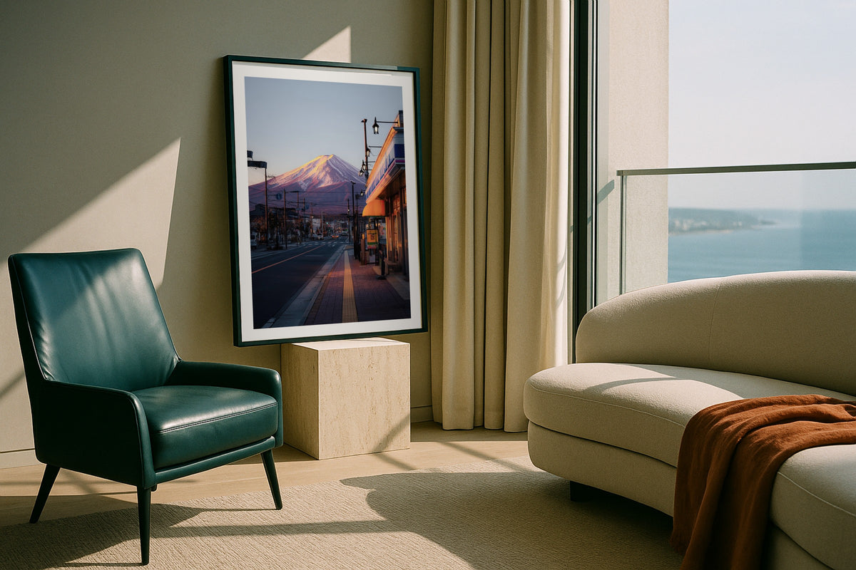 Fuji from the Street wall art print, framed with a white border, in a dark city view bedroom
