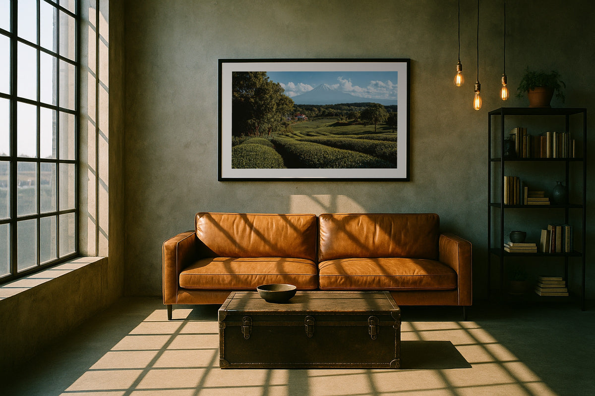 Mount Fuji II wall art print, framed with a white border, in a japandi tatami low table