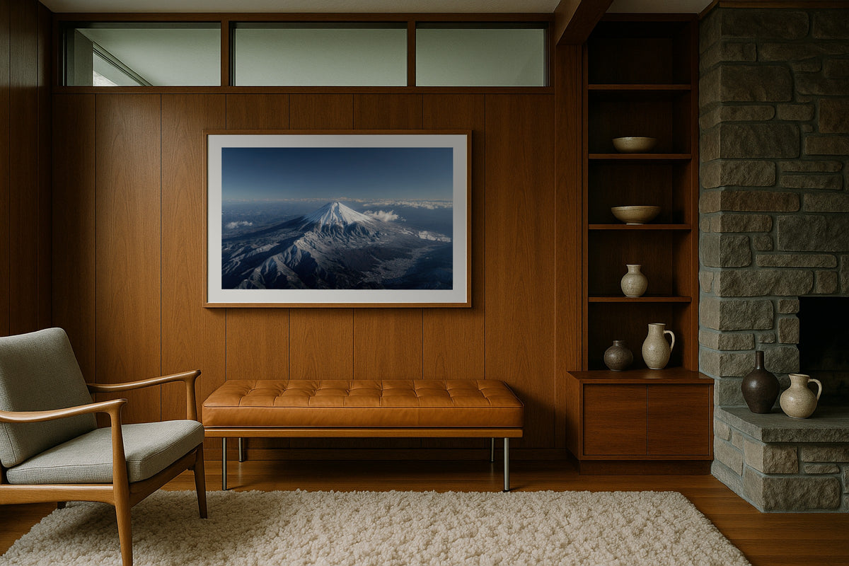 Fuji from Above wall art print, framed with a white border, in a japandi shoji bonsai