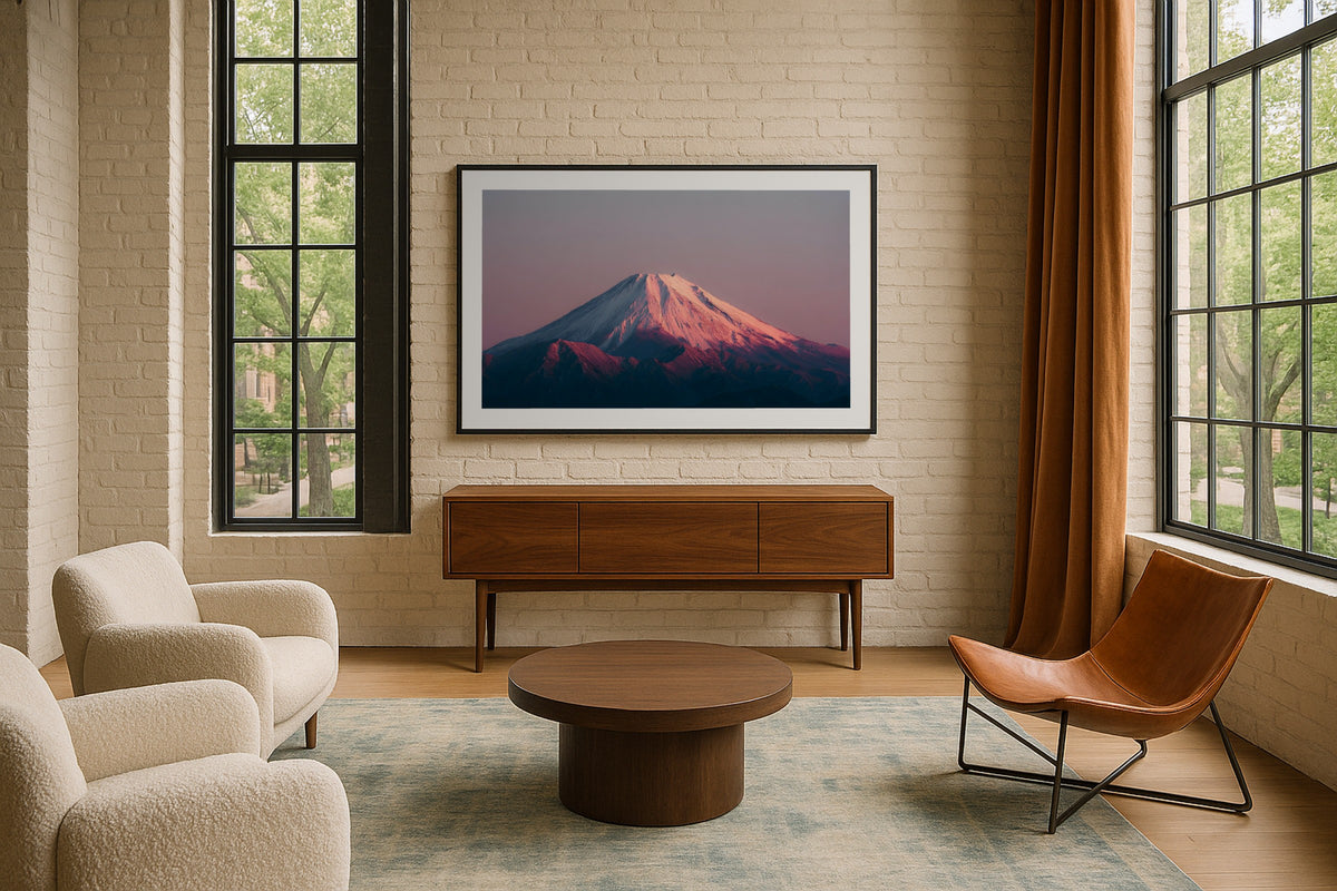 Fuji at Sunrise wall art print, framed with a white border, in a japandi tatami low table