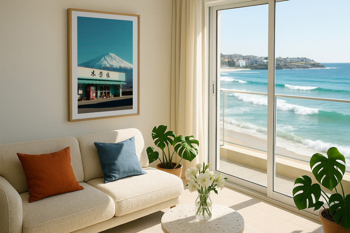 Fuji and the Storefront wall art print, framed with a white border, in a NYC Empire State bedroom