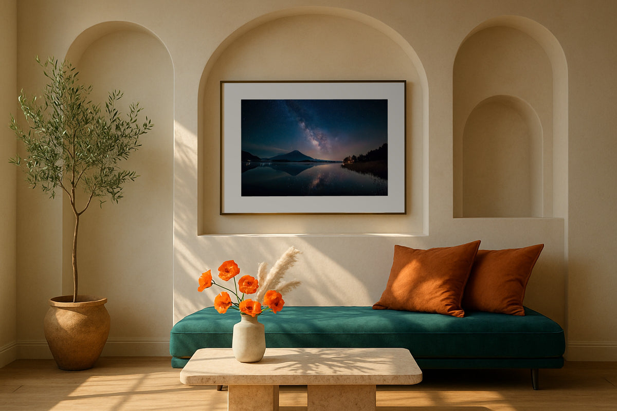 Fuji Milky Way wall art print, framed with a white border, in a Alpine chalet green sofa