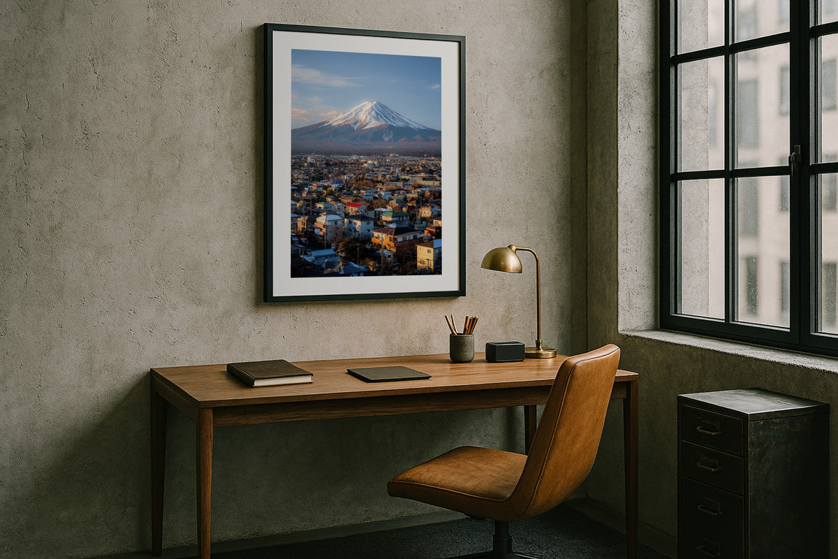 Fuji over Fujiyoshida II wall art print, framed with a white border, in a concrete loft desk