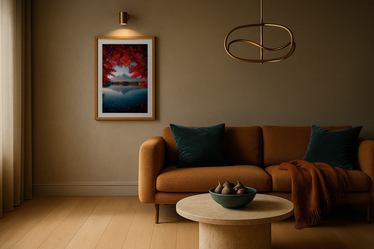 Fuji and Fallen Leaves wall art print, framed with a white border, in a snow mountain cabin bedroom