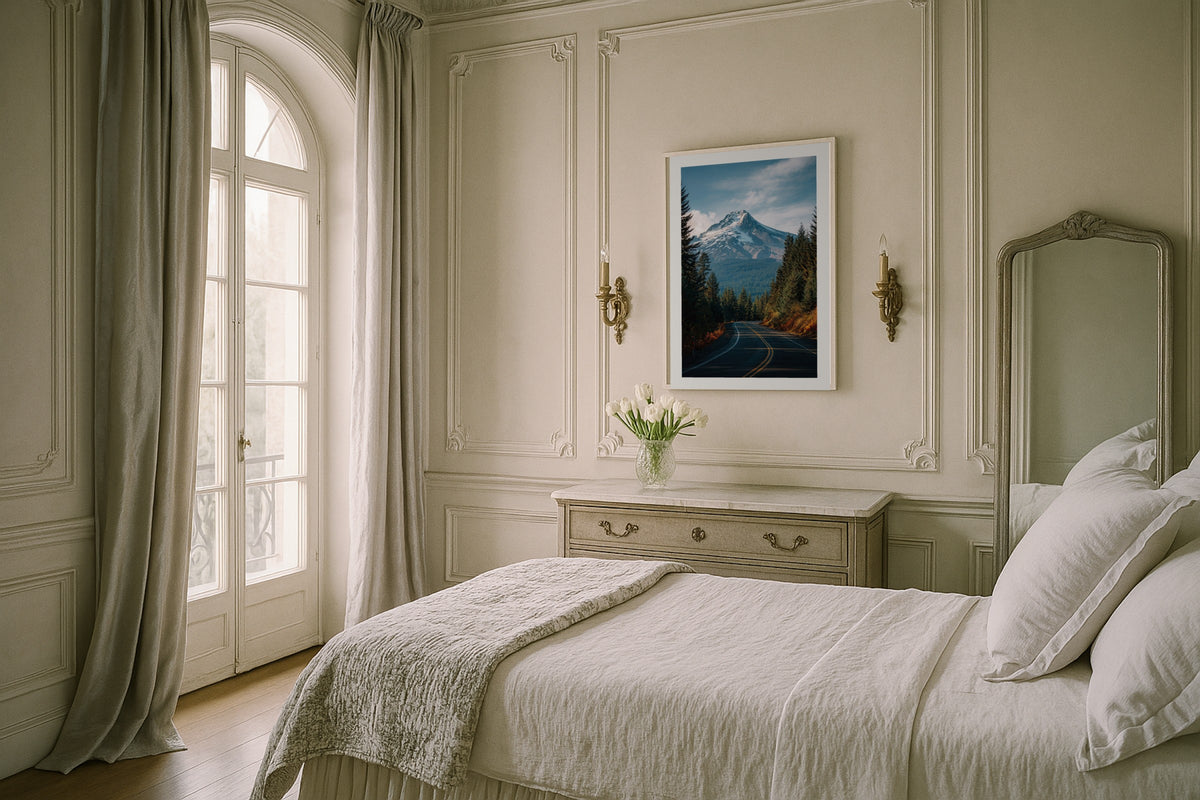 Mount Hood Forest Road wall art print, framed with a white border, in a concrete garden lounge